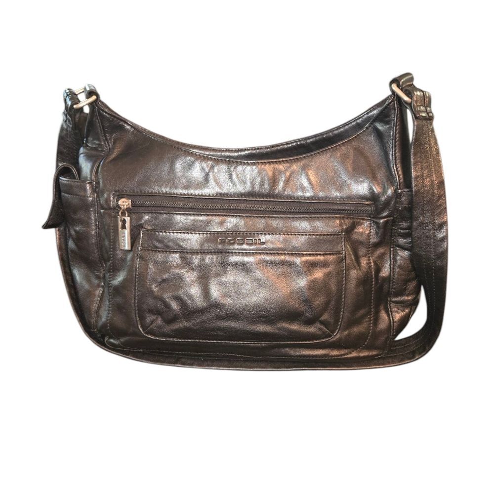 Fossil Vintage 75082 Black Leather Multi-Pocket Utility Shoulder Bag 11"X9"X3.5"